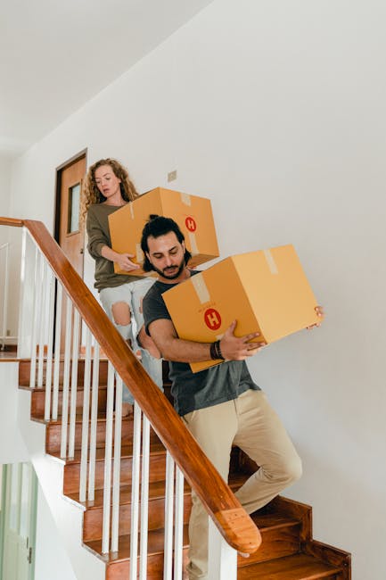 A close-up view of a person wearing a dark green T-shirt and dark blue work trousers, holding a large cardboard box during a house relocation. The person is gripping the box firmly with one hand on th